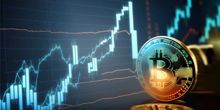 gráfico de precio ascendente junto a moneda de bitcoin iluminada por el reflejo del grafico