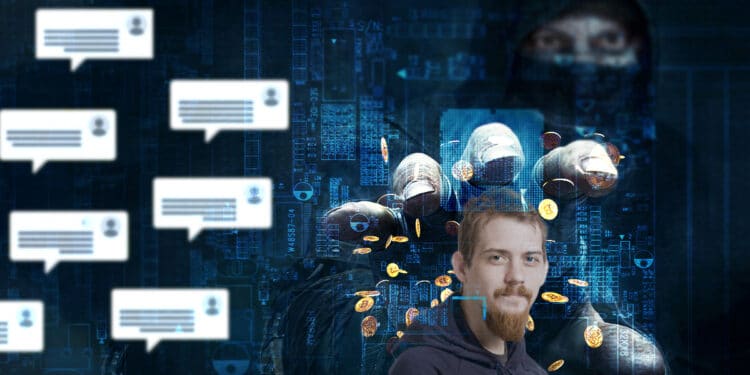 desarrollador Luke Dasjr con monedas de bitcoin cayendo en el fondo y mano de hacker sobre el junto a burbujas de comentarios