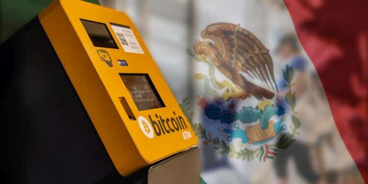 cajero de bitcoin con bandera de méxico en el fondo