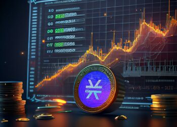 moneda con logo de stacks sobre mesa con grafico de precio ascendente en el fondo