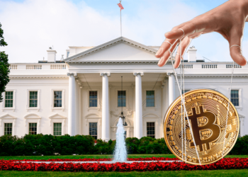 Casa blanca junto a mano controlando un bitcoin.