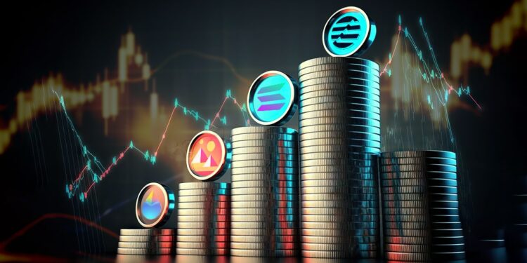 monedas de Aptos, Solana, Descentraland y Lido Dao sobre pilas de monedas con gráficos de precio en el fondo