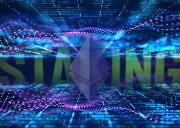 logo de ethereum dentro de red digital dividida con "staking" en el fondo