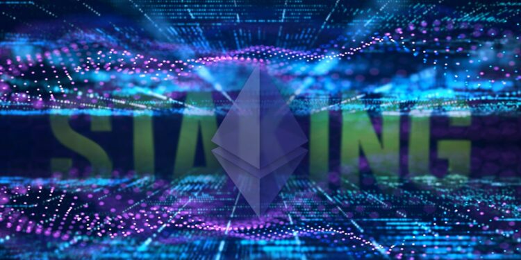 logo de ethereum dentro de red digital dividida con "staking" en el fondo