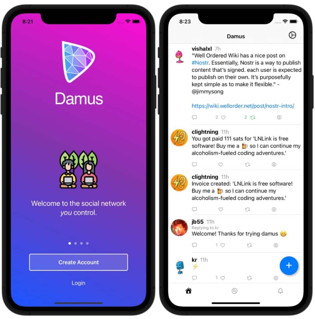 muestra de la aplicación movil de la red social descentralizada para apple, Damus