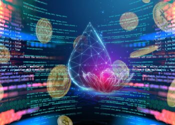 semilla digital entre lineas de código con monedas de bitcoin cayendo en el fondo