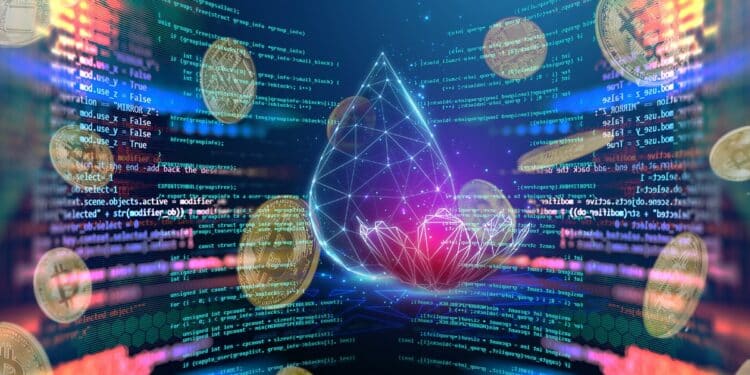 semilla digital entre lineas de código con monedas de bitcoin cayendo en el fondo