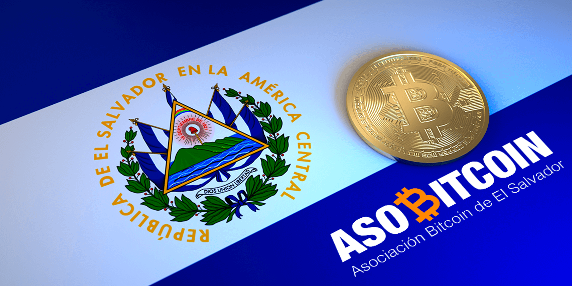 Bandera de El Salvador junto a bitcoin y logo de asobitcoin