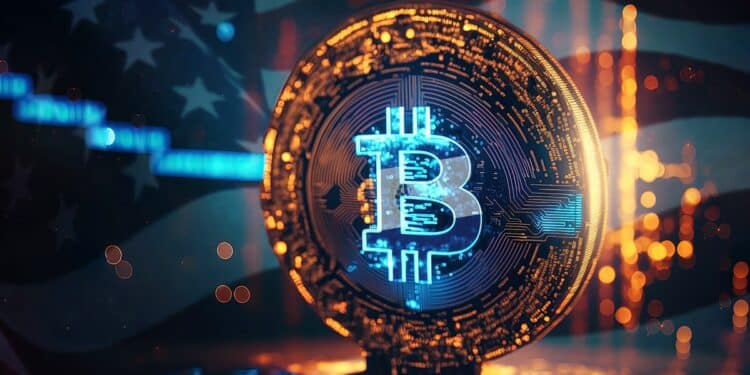 moneda de bitcoi con bandera de el Salvador incrustada y bandera de Estados Unidos en el fondo