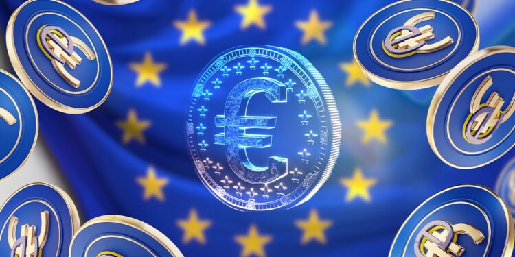 monedas de euro digital cayendo con bandera de la comunidad europea en el fondo