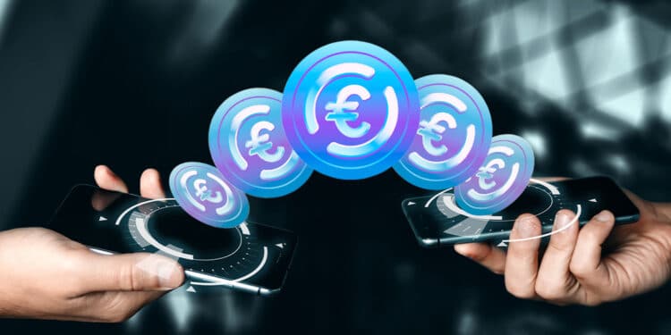 Euro coin entre dos teléfonos en transferencia