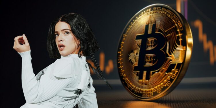 Cantante Rosalía junto a moneda de bitcoin con grafico de precio en el fondo