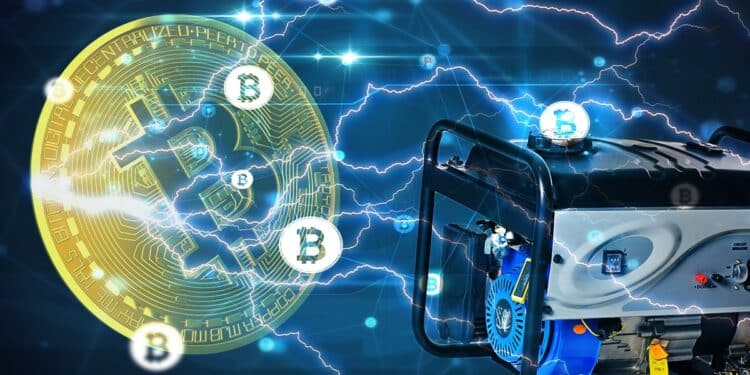moneda de bitcoin junto a generador eléctrico con red de bitcoin y relámpagos superpuestos