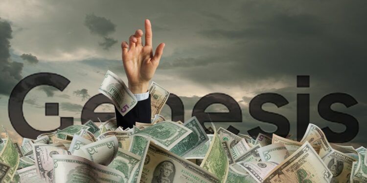 logo de genesis detrás de mano saliendo de billetes de dólares apilados