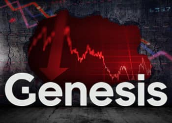 logo de Genesis en habitación destruida con graficos de precio bajistas en el fondo