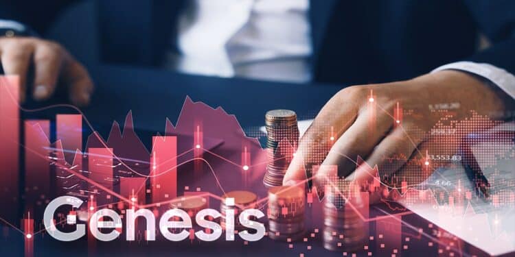 hombre de negocios tomando monedas apiladas sobre mesa con gráfico en rojo y logo de Genesis proyectados sobre ellas