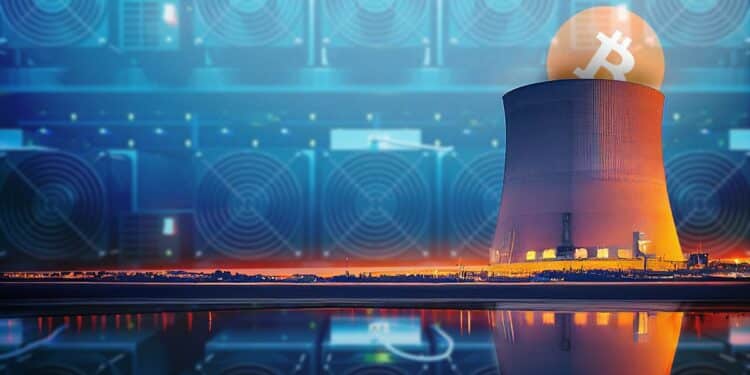 logo de Bitcoin dentro de reactor nuclear con granja de equipos ASIC para la minería de criptomonedas en el fondo