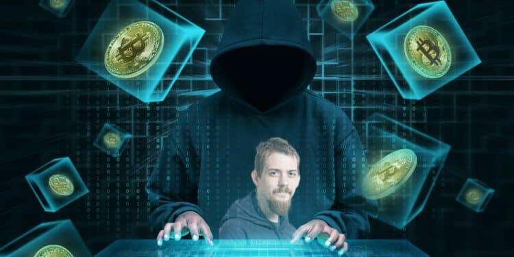 hacker con monedas de bitcoin en cubos con imagen del desarrollador de bitcoin Luke Dashjr proyectada sobre mesa