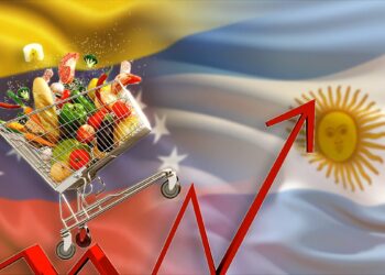 carrito de compras lleno de alimentos sobre flecha ascendente con banderas de Venezuela y Argentina en el fondo