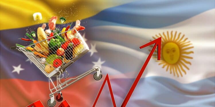 carrito de compras lleno de alimentos sobre flecha ascendente con banderas de Venezuela y Argentina en el fondo