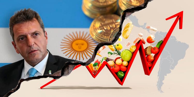 sergio massa y bandera argentina con btc y latinoamerica con inflacion