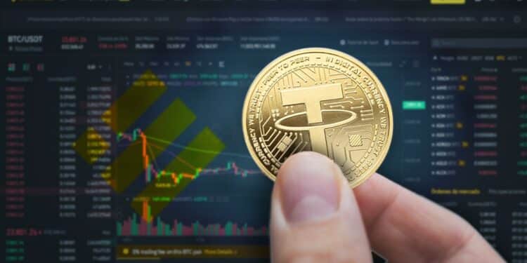mano sosteniendo moneda de tether con plataforma del exchange binance y logo de la syablecoin BUSD en el fondo