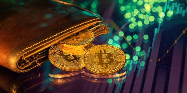 monedas de bitcoin saliendo de billetera sobre mesa de cristal con gráfico de precio alcista reflejado en la mesa