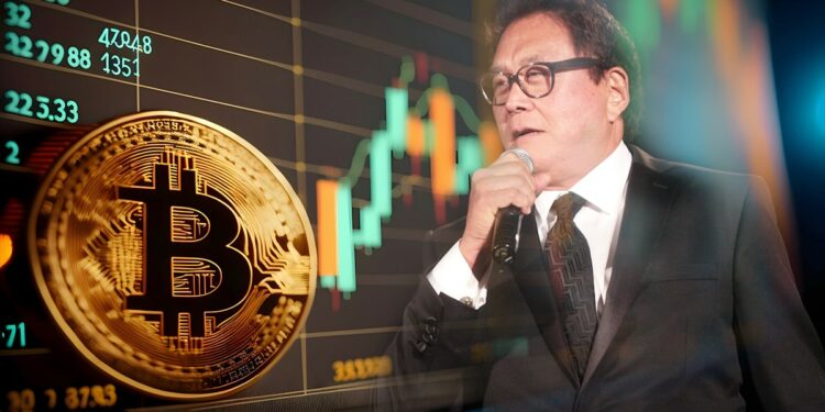 moneda de bitcoin apoyada en pantallacon gráfico de precio en aumento junto a imagen de Robert Kiyosaki