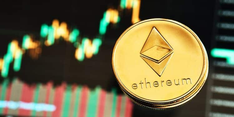 Moneda de Ethereum sobre superficie de vidrio con grafico de trading en el fondo