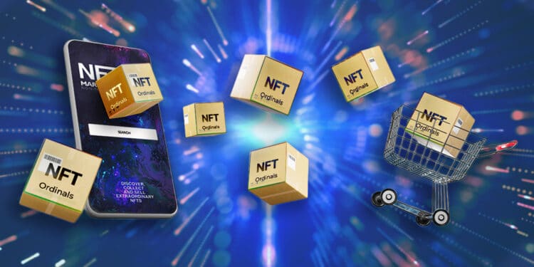 cajas de NFT ordinals viajando desde teléfono movil con marketpace de NFT en pantalla hacia carrito de mercado con red digital en el fondo