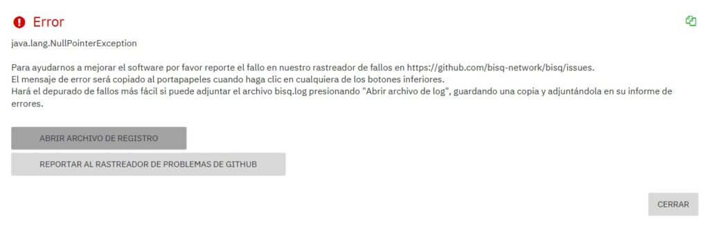 Mensaje de error que aparece en la aplicación recién abierta