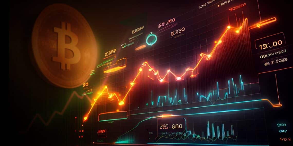 Gráfico de mercado de derivados con moneda de bitcoin en el fondo