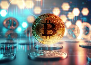 moneda de bitcoin con gráfico de mercado superpuesto y monedas apoyadas en mesa y en el fondo