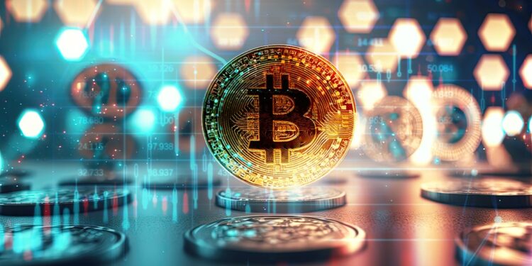 moneda de bitcoin con gráfico de mercado superpuesto y monedas apoyadas en mesa y en el fondo