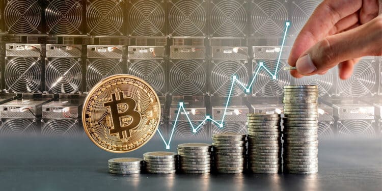 BTC y pila de monedas con granja de mineria al fondo