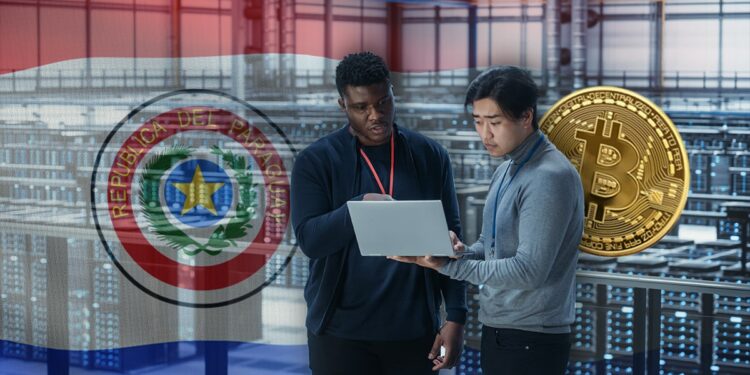 operadores de granja de mineros evaluando información en pantalla de laptop con bandera de Paraguay y moneda de bitcoin en el fondo