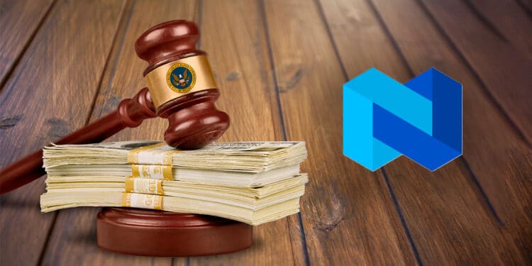 mazo judicial sobre pila de dolares con logo de la SEC junto a logo de Nexo