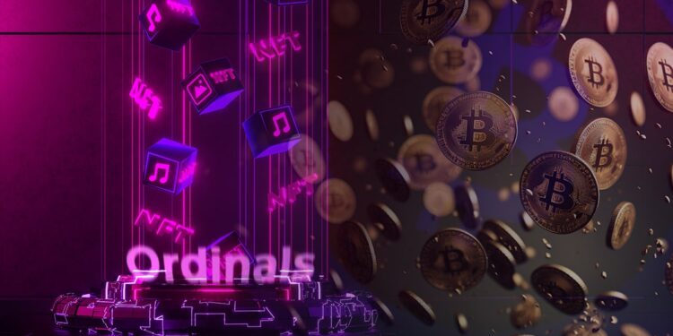 monedas de bitcoin cayendo junto a bloques de nft ordinalrs subiedo en red digital