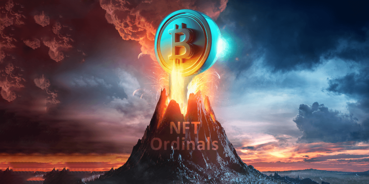 Volcán de NFT Ordinals expulsando a bitcoin.