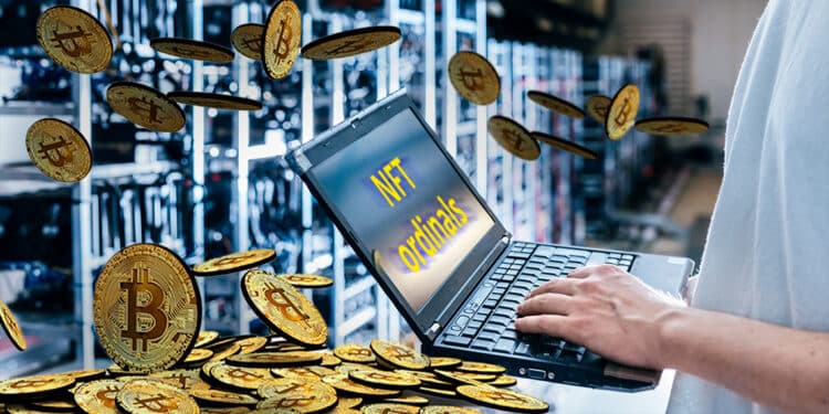 Minero de bitcoin con laptop y NFT ordinals y lluvia de bitcoin