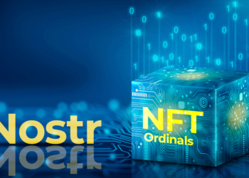 Bloque con NFT Ordinals junto al logo de Nostr.