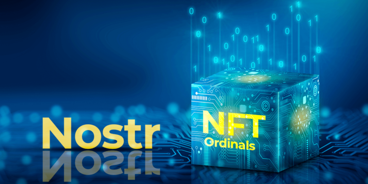 Bloque con NFT Ordinals junto al logo de Nostr.