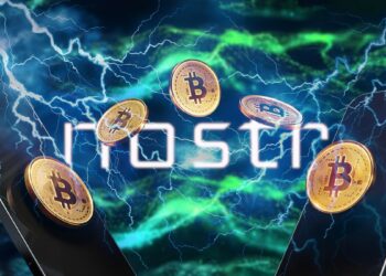 monedas de bitcoin intercambiandose entre telefonos moviles con relampagos superpuestos y red digital con logo de Nostr en el fondo