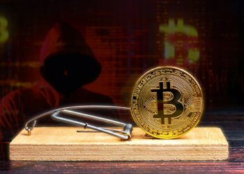 moneda de bitcoin en trampa para ratones con persona ocultado su rostro con código y logos de bitcoin en el fondo.