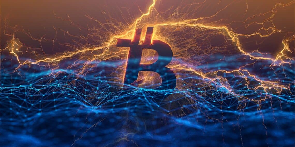 logo de bitcoin rodeado por relampagos en red digital