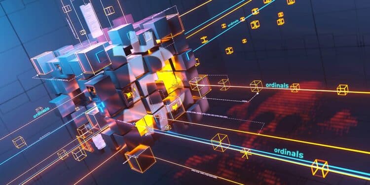 bloques digitales uniendose a bloque gigante con logo de bitcoin y signo de virus en el fondo