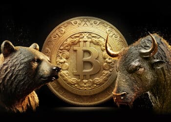 Precio fluctuante de bitcoin, oso y toro a los costados