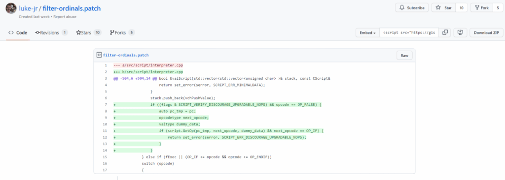 parche para nodos de Bitcoin que propone Luke Dashjr, con el fin de filtrar los NFT de Ordinals