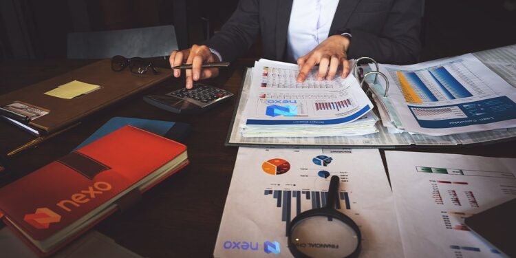 oficial revisa archivos financieros con logo de Nexo