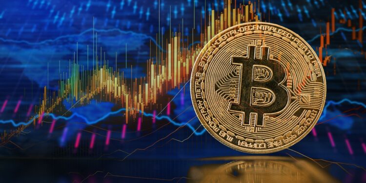 moneda de bitcoin con gafico de precio ascendente y mapa mundial en el fondo